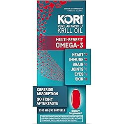 Kori Antarctic Krill Oil Omega-3 1200mg Max Strength 1 Softgel a Day for Heart Brain Joint Eye Skin & Immune – Superior Absorption vs. Fish Oil and No Fishy Burps