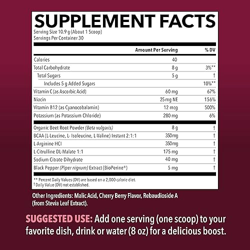 Organic Beet Root Powder for Workout Recovery & Athletic Endurance | with L-Arginine for Nitric Oxide Boost