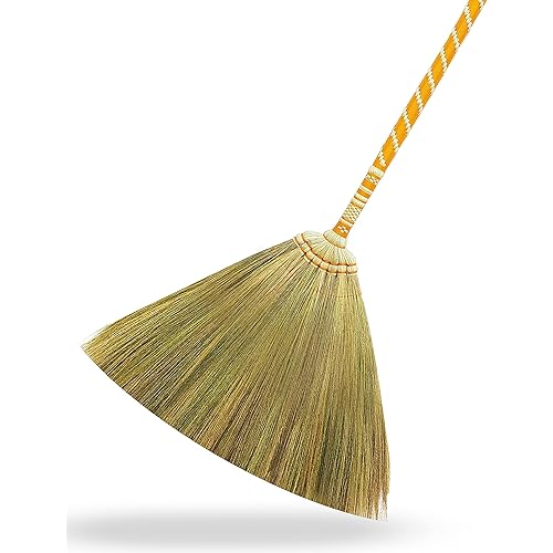 Asian Straw Broom Thai for Cleaning Floor,Housewarming Gift,Thai Vintage Retro Grass Broom Stick, Hardwood Sweeper with Brush Power and Circle Cleaning Length 40 inch