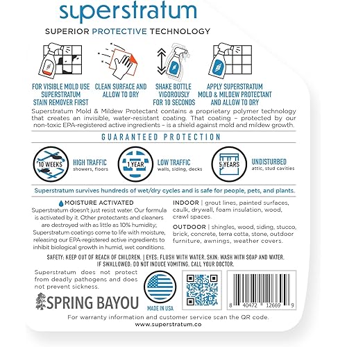 Superstratum Smart Polymer Coating | Long-Lasting Resistance from Mold and Mildew | 32oz | 10 Weeks in Shower | 2 years on siding | Wood, Stone, Fabric, Carpet, Concrete, Stucco