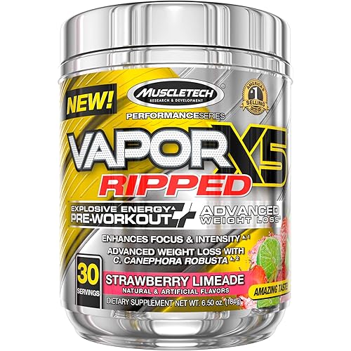 Pre Workout Weight Loss | MuscleTech Vapor X5 Ripped | Pre Workout Powder for Men & Women | PreWorkout Energy Powder Drink Mix | Sports Nutrition Pre-Workout Products | Strawberry Limeade 30 Serv.