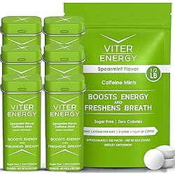 Viter Energy Original Caffeine Mints Spearmint Flavor 6 Pack and 12 Pound Bulk Bag Bundle - 40mg Caffeine, B Vitamins, Sugar Free, Vegan, Powerful Energy Booster for Focus and Alertness