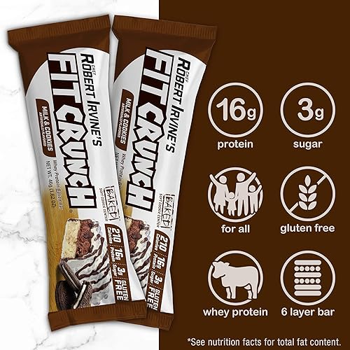 FITCRUNCH Snack Size Protein Bars, Designed by Robert Irvine, World’s Only 6-Layer Baked Bar, Just 3g of Sugar & Soft Cake Core 9 Count, Milk and Cookies