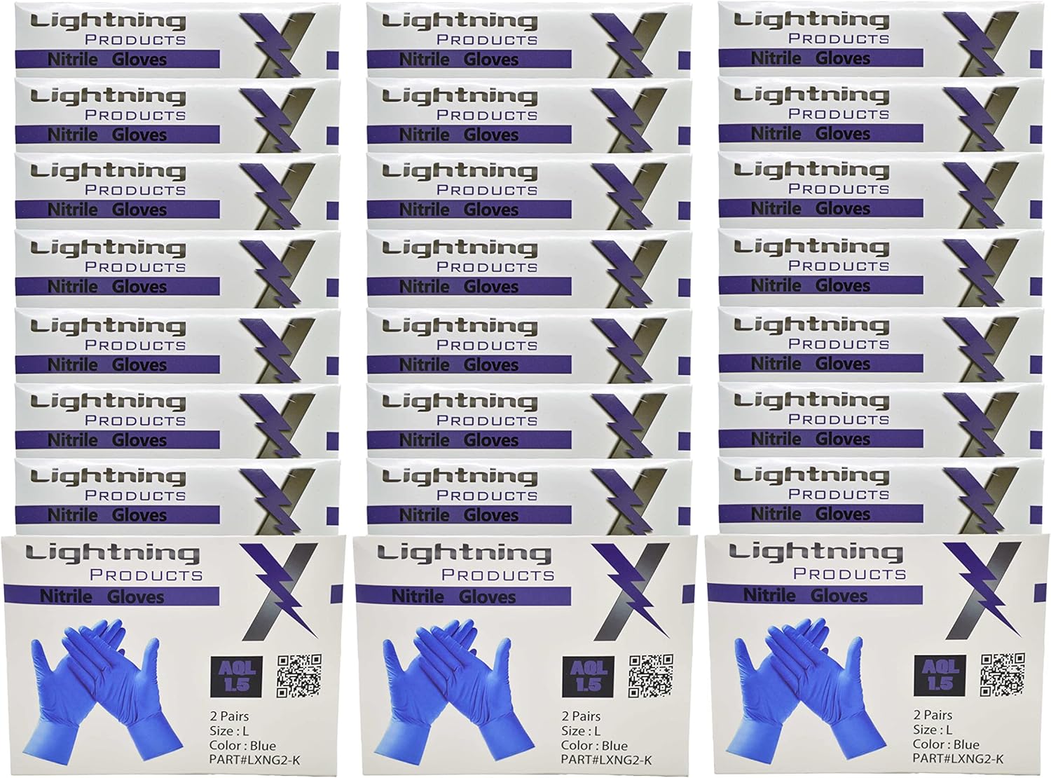 Lightning X Blue Nitrile Glove Pairs, Individually Packed, 100 Gloves, 50 Pairs, 25 Carded Packs of 2 Pairs - Large