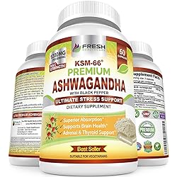 Ashwagandha KSM-66 by Fresh Healthcare, 1200mg Pure and Potent Root Extract Supplement with Natural Black Pepper for High Absorption, Vegan - 60 Capsules