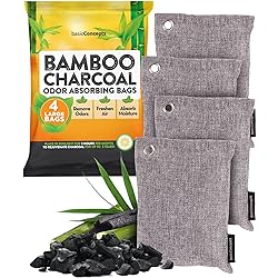 Nature Fresh Charcoal Bags Odor Absorber Large, 4 Pack, 200g each, Reduce Odors Naturally with Bamboo Charcoal Air Purifying Bags for Car, Home, Closet, Shoe Deodorizer Eliminator Freshener Remover