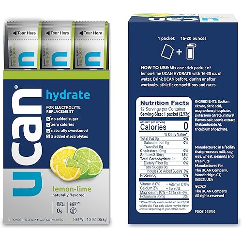 UCAN Hydrate Packets, Lemon-Lime, 12 Count 1.27 Ounce, Keto, Sugar-Free Electrolyte Replacement for Men & Women, Non-GMO, Vegan, Gluten-Free, Great for Runners, Gym-Goers, High Performance Athletes