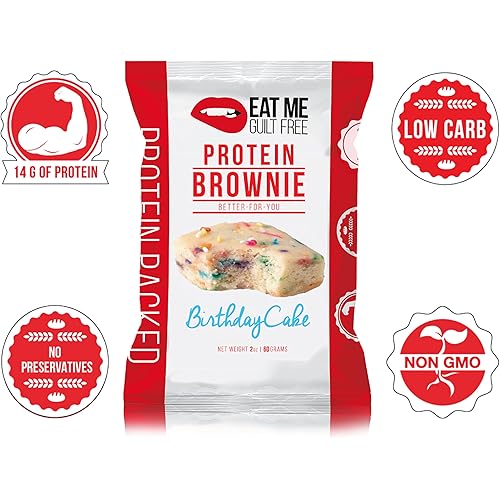 Eat Me Guilt Free Birthday Cake Protein-Packed Brownie - 14G Protein, Low Carb, Keto-Friendly, Low Sugar, Non GMO, No preservatives, Low Calorie Snack or Dessert | 12 Count