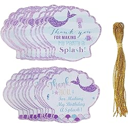 Penta Angel 24Pcs Mermaid Thank You Tags with String Paper Gift Goody Bags Hanging Labels for Girls Birthday Wedding Under The Sea Themed Party Favors