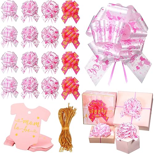 16 Pack Its a Girl Baby Shower Pull Bow 6 Inch Pink Pull Bow Mom to Be Cards for New Moms Gift Wrapping Bows for Baby Girl Shower Gender Reveal Party Favors