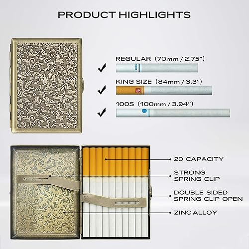 roygra Cigarette Case for Regular, King and 100's Size - 20 Capacity, Retro Zinc Alloy Pocket Holder