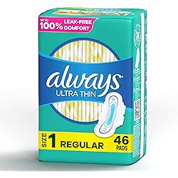 ALWAYS Ultra Thin Size 1 Regular Pads With Wings Unscented, 46 Count Pack of 1