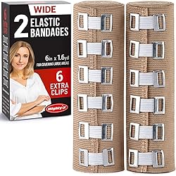 Premium Elastic Bandage Wrap - 2 Pack 18 Extra Clips - Wide 6 inch Compression Bandage - Stretches up to 15ft in Length
