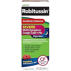 Robitussin Maximum Strength Severe Nighttime Multi-Symptom Cough, Cold and Flu Medicine, Nighttime CF Max, Raspberry Flavor - 4 Fl Oz Bottle