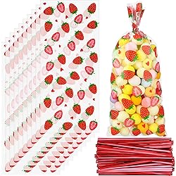 100 Pieces Strawberry Cellophane Treat Bags Strawberry Birthday Party Favors Bags Plastic Goodie Treat Candy Bags with 150 Pieces Red Twist Ties for Kids Girls Strawberry Birthday Party Decorations