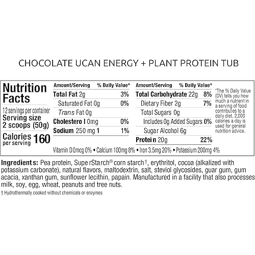 UCAN Energy Plant Protein Powder - Vegan Plant Based Protein 20g Pea Protein with Energy Boost - Keto Protein Powder - Chocolate Flavor - No Added Sugar, Gluten-Free - 12 Servings