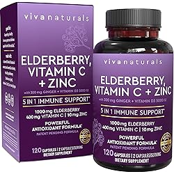 Viva Naturals Sambucus Elderberry with Vitamin C, Zinc, Vitamin D3 5000 IU & Ginger 120 Capsules - Antioxidant & Immune Support Supplement, 2 Month Supply - 5 in 1 Black Elderberry for Adults