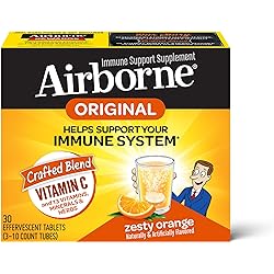 Airborne 1000 mg vitamin C with Zinc Effervescent Tablets, Immune Support Supplement with Powerful Antioxidants Vitamins A C & E, Zesty Orange Flavor, Fizzy Drink Tablets, Gluten-Free- 30 count box
