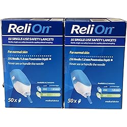 ReliOn Safety Lancets, 6" Tote, Bundle 50 Single Use 25G 2 Pack