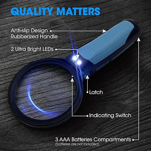 MagniPros Magnifying Glass with Bright LED Lights- 2.5X, 5X, 16X Handheld Magnifying Glass with 3 Interchangeable Lenses-Ideal for Seniors, Maps, Macular Degeneration, Jewelry, Watch