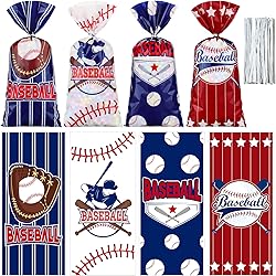 100 Pcs Baseball Cellophane Bags Baseball Party Favors Baseball Gift Treat Bags Baseball Goodie Candy Snack Bags with Ties Baseball Birthday Party Decorations Supplies Baby Shower Party Serves