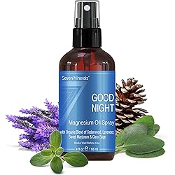 Seven Minerals Good Night Magnesium Spray, Powerful Organic Blend of Essential Oils Cedarwood, Lavendar, Sweet Marjoram, Clary Sage, for Restlessness & Better Sleep 4 fl oz