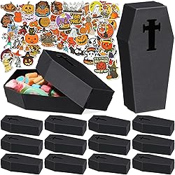 16 Pieces Halloween Coffin Treat Box with Lid Halloween Stickers for Kids Cute Coffin Box Pumpkin Witch Ghost Stickers Halloween Party Decor Holders for Party Candy Silverware 6 x 3 x 1.5 Inch