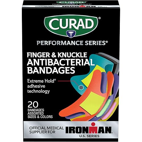 Curad Performance Series Ironman Fingertip and Knuckle Antibacterial Bandages, Extreme Hold Adhesive Technology, Fabric Bandages, 20 Count