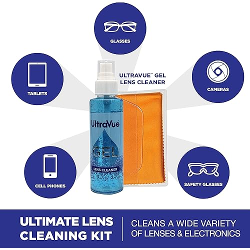 UltraVue Gel Lens Cleaner Kit - 2 x 8oz and 1 x 2oz Eye Glasses Cleaner Gel Spray 2 Microfiber Cleaning Cloths - Safe for All Lenses AR Coated Included, Eyeglasses and Screens - Cobalt