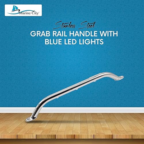 MARINE CITY Newest Polished Stainless Steel 18 Inches Grab Rail Handle with 3 Blue LED Lights 18 Inches 3 LED Lights Grab Rail Handle for Boats Yachts RVs 1 Pc