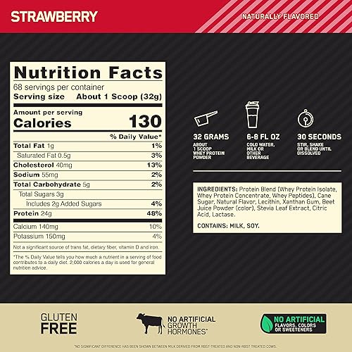 Optimum Nutrition Gold Standard 100% Whey Protein Powder, Naturally Flavored Strawberry, 4.8 Pound Packaging May Vary