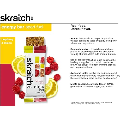 SKRATCH LABS Anytime Energy Bar, Raspberries and Lemons, 12 Pack Single Serving Low Sugar, Gluten Free, Vegan, Kosher, Dairy Free