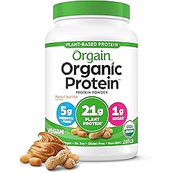 Orgain Organic Vegan Protein Powder, Peanut Butter - 21g of Plant Based Protein, Low Net Carbs, Non Dairy, Gluten Free, Lactose Free, No Sugar Added, Soy Free, Kosher, Non-GMO, 2.03 Pound