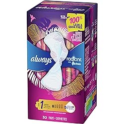 Always Radiant Feminine Pads for Women, Size 1, 90 Count, Regular Absorbency, Light Clean Scent 30 Count, Pack of 3 - 90 Count Total