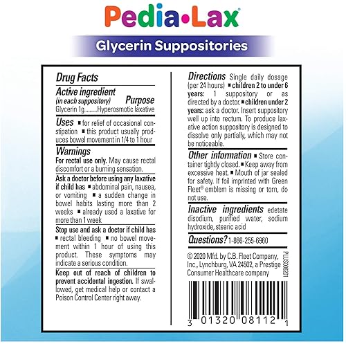 Pedia-Lax Laxative Glycerin Suppositories for Kids, Ages 2-5, 12 Count, 24 Pack