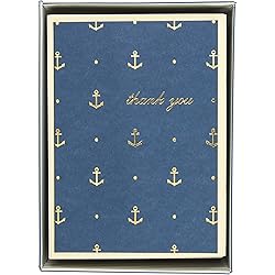 Graphique Gold Anchors Boxed Notecards, 16 Navy Blue"Thank You" Message Cards, Embellished Gold Foil Notecards with Matching Envelopes and Storage Box, 3.25" x 4.75&#34