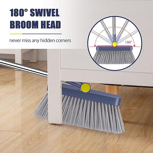 Broom and Dustpan Set for Home, Long Handle Broom with 180°Rotating Head Upright Large Dustpan with Comb Teeth, Easy Storage Floor Broom and Dustpan Combo for Home Kitchen Office Lobby