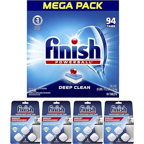 Set: Finish All In 1, Dishwasher Detergent Powerball Dishwashing Tablets - Dish Tabs, Fresh Scent 94 Count Each & Finish In-Wash Dishwasher Cleaner: Clean Hidden Grease and Grime, 3 Count Pack of 4