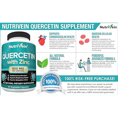 Nutrivein Quercetin 800mg with Zinc - Plant Pigment Flavonoid - Anti-Inflammatory Immune System Booster - 30 Day Supply 60 Capsules, 2 Daily