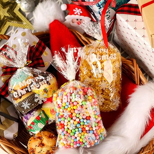 HESTYA 50 Counts Christmas Flat Cellophane Treat Bags Clear Cellophane Block Bottom Storage Bags SweetPartyHome Bags with Twist Ties for Christmas Party Favor Snowflake