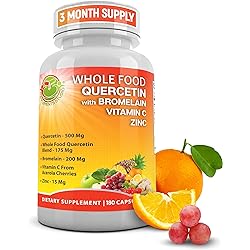 Quercetin 500mg - Quercetin with Bromelain - Zinc Quercetin and Vitamin C Supplement - Organic Wholefoods Blend with Ginger and Flavonoids - Immune and Respiratory System Support - 3 Month Supply