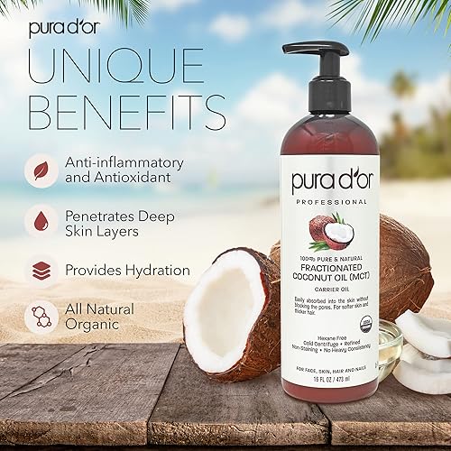PURA D'OR Organic Fractionated Coconut Oil 16oz USDA Certified 100% Pure & Natural Carrier Oil - Moisturizing For Face, Skin & Hair, Men & Women Packaging may vary