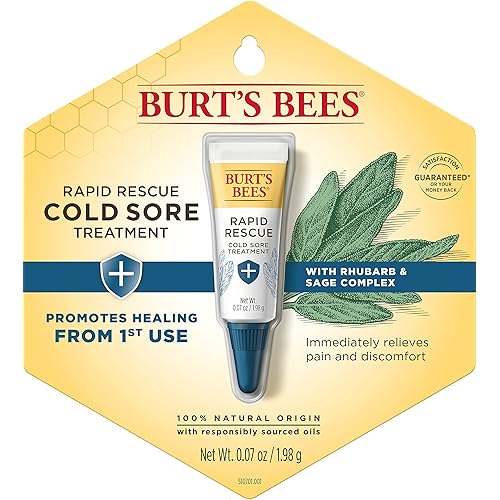 Burts Bees Rapid Rescue Cold Sore Treatment with Rhubarb and Sage Complex, 100% Natural Origin, 0.07 Ounce