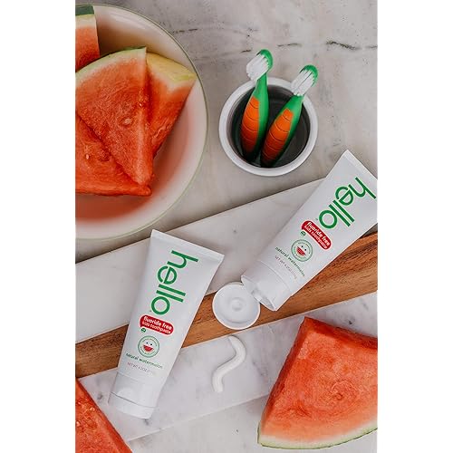Hello Natural Watermelon Flavor Kids Fluoride Free Toothpaste and Mouthwash, Vegan, Alcohol Free, SLS Free, Gluten Free, 4.2 Ounce Toothpaste Tubes Pack of 2, 16 Fl Oz Mouthwash Bottle