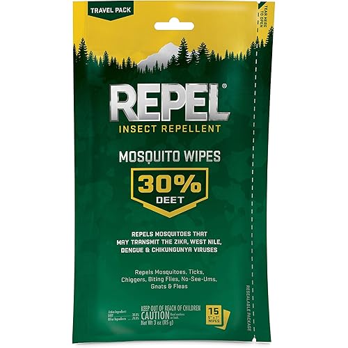 Repel Insect Repellent Mosquito Wipes, Repels Mosquitoes, Ticks, Gnats and Other Listed Pests, 30% DEET 15 Wipes Travel Sized