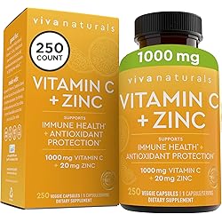 Vitamin C with Zinc 250 Veggie Capsules - Vitamin C 1000mg and Zinc 20mg with Citrus Bioflavonoids and Rose Hips, Immune Support Supplement and Powerful Antioxidant