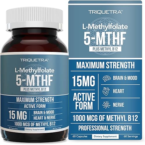 L Methyl Folate 15mg Plus Methyl B12 Cofactor - Professional Strength, Active 5-MTHF Form - Supports Mood, Homocysteine Methylation, Cognition 60 Capsules