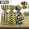 105 Pieces Black Gold Party Cellophane Treat Bags, Polka Dot Stripes Printed Pattern Goodie Candy Favor Bags with 100 Twist Ties for Graduation Wedding Baby Shower Birthday Party Supplies