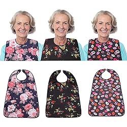 3 Pack Adult Bib for Eating Washable Reusable Waterproof Clothing Protector with Optional Crumb Catcher 30" x 19.5" Women