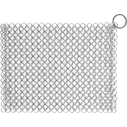 Cast Iron Cleaner — 8"x6" Square Cast Iron Scrubber, Premium Stainless Steel Scrubber with Hanging Ring, Ultra-hygienic Anti-Rust Chainmail Scrubber for Cast Iron Pans